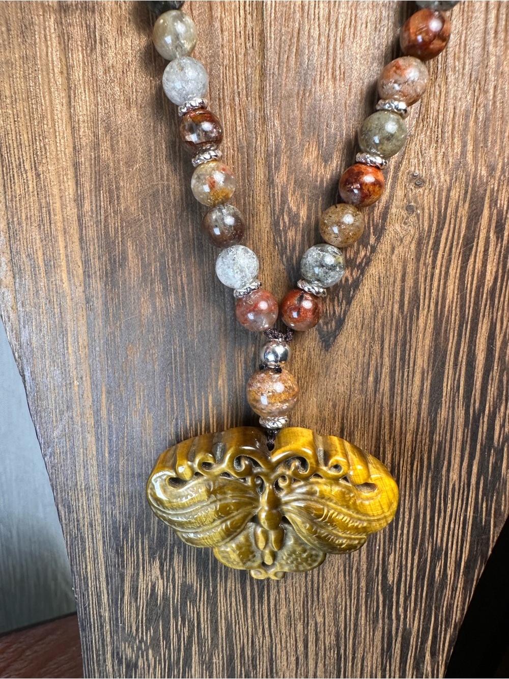 Tiger’s Eye Moth Pendant Necklace on Half Beaded Brown Adjustable Rope - Picture 4 of 15